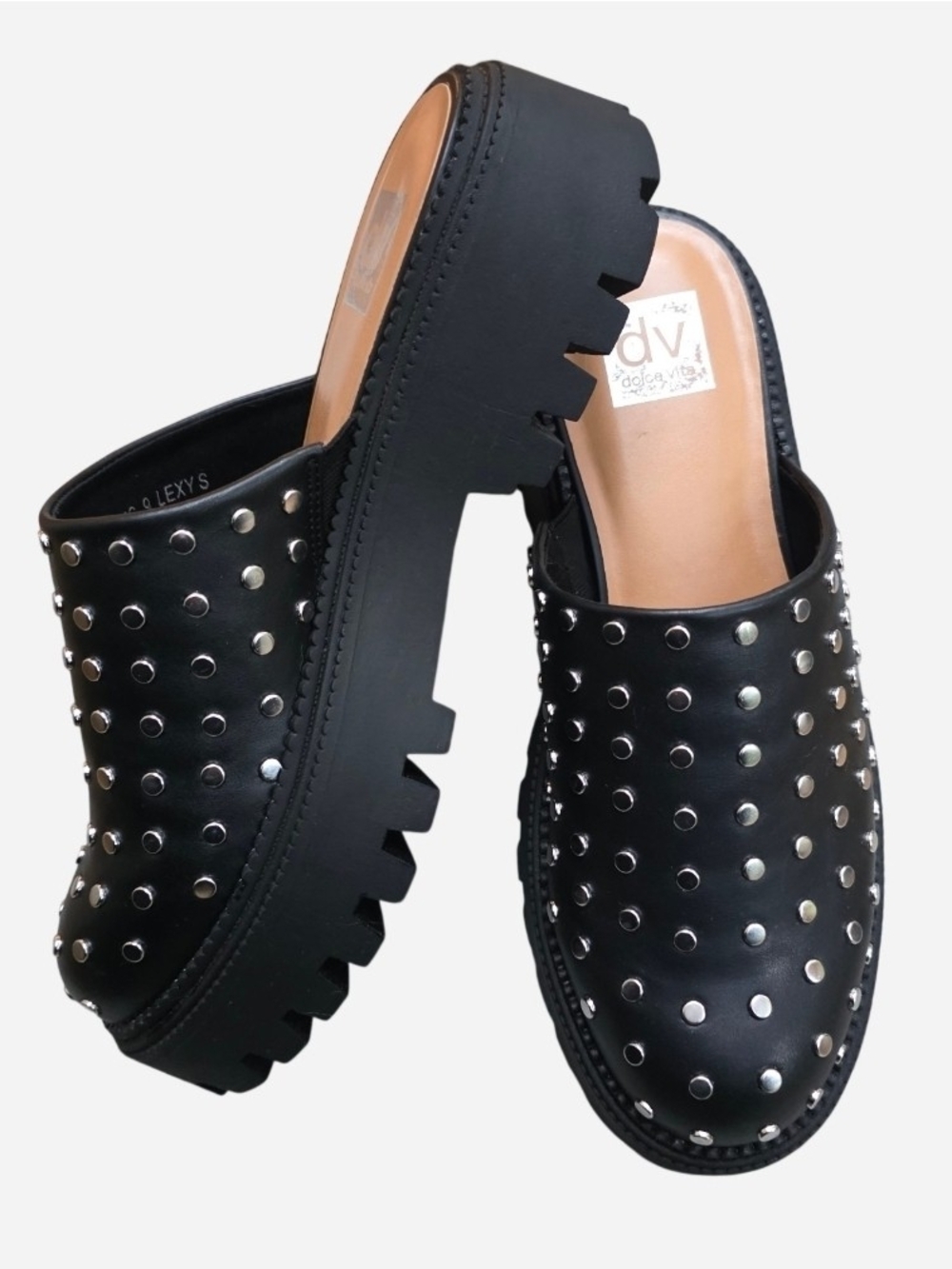 DV Dolce Vita Lexy Studded Black Faux Leather Platform Lug Sole Clogs Mules Sz 9